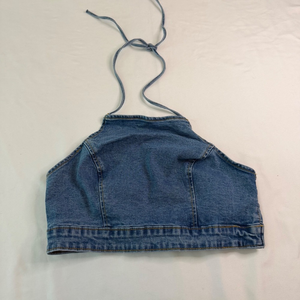 Forever 21 Denim Halter Top Medium Wash Cropped Side Zip Tank M